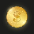 Dollar sign. Golden shining coin. One dollar isolated on the black background.